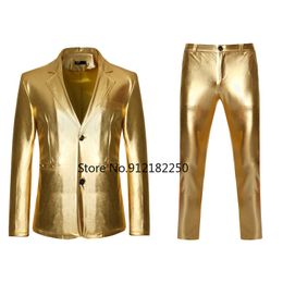 Men s Suits Blazers Shiny Gold 2 Pieces Blazer Pants Terno Masculino Fashion Party DJ Club Dress Tuxedo Suit Men Stage Singer Clothes 230506