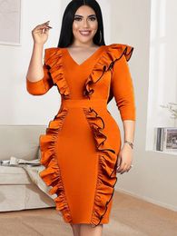 Plus size Dresses ONTINVA Plus Size Dresses Women Orange V Neck Long Sleeve Ruffles High Waist Bodycon Elegant Ladies Evening Event Party Gowns 230506