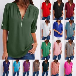 Women's Blouses Shirts Women Chiffon Blouse Tops Summer V Neck Half Zip Short Lantern Sleeve Loose Solid Shirt Blouse EFF-6186 230505