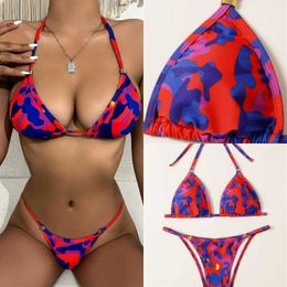 Split Camouflage Womens Swimsuit Drawstring Halter Sexy Bikini Wholesale