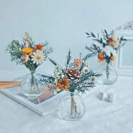 Decorative Flowers 1Bunch Mixed Rose Daisy Baby Breath Preserved Dried Mini Bouquet With Vase Pography Decoracion For Wedding Home Decor