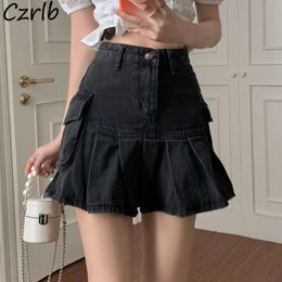 Skirts Skirts Women Summer High Waist Denim Mini Vintage Cargo Pockets Pleated Sexy Fashion Design Classy Cool Sweet College Streetwear 230506