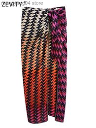 Skirts Zevity Women Vintage Colour Match Geometric Print Knotted Sarong Midi Skirt Faldas Mujer Ladies Chic Side Zipper Vestidos QUN964 T230506