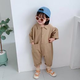 Rompers Children's clothing jumpsuit autumn boys and girls casual letter tool denim baby clothing Japanese and Korean styles 1-7 Y 230505