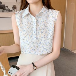 Women's Blouses Summer Women's Blouse Floral Elegant Shirt Sleeveless Tank Tops Chiffon Female Clothing Office Lady Shirts And