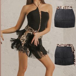 Stage Wear Latin Dance Skirt Leopard Print Double Encryption Fringed Skirts Lady Practise Clothes Tango Salsa Cha Rumba Samba