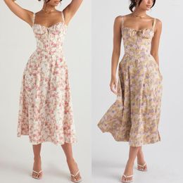 Casual Dresses 2023 Strapless Fishbone Waistband Design Women Retro Flower Print Sling Midi Dress