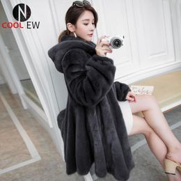 Women's Fur & Faux Top Quality Luxury Mink Genuine Leather Real Womens Overcoats Korean Thick Warm Medium Length Hooded Coats Plus Size M-5X