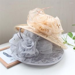 Wide Brim Hats Spring Summer Women Sun Party Hat Travel Mesh Fedora Cap With Flower Or For Wedding Fascinator Curl Chapeau Caps