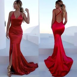 Sexy Evening Dresses Mermaid Prom Party Gown Spaghetti Floor-Length Sweep Train Elastic Satin long Backless Split Red Custom