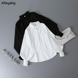 Women s Blouses Shirt Lantern Sleeve Loose Turn down Collar Simple Solid Feminino Minority Korean Style Autumn All match Fashion 230506