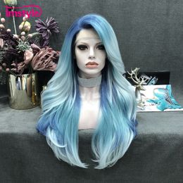 Lace Wigs Imstyle Ombre Blue Synthetic Front Long Natural Hair Wavy For Woman Heat Resistant Fibre Cosplay 230505