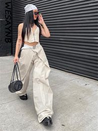 Women's Pants WESAYNB Fall Y2k Clothes Cargo Streetwear For Women 2023 Apricot Casual Pockets Trousers Baggy Wide Leg Parachute