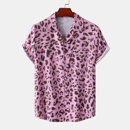 Men's Casual Shirts Pink Leopard Print Mens Shirts Lapel Neck Loose Button Up Blouse Breathable Summer Streetwear Sexy Shirts Men Hawaiian Shirts 230506