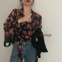 Women's Blouses Retro Hong Kong Style Rose Floral Shirt Chiffon Long-sleeved Blouse 2023 Spring Autumn High Street Niche Top Women