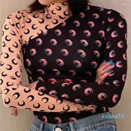 2023-Women's T Shirts Moon Print Shirt Colour Matching Elastic Bottoming Long Sleeved High Neck Thin T-shirt Tee Women Spring Style