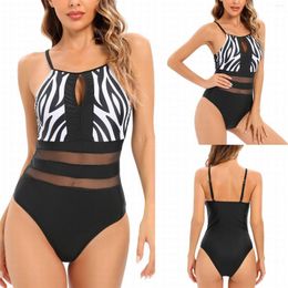 Women's Swimwear 2023 Mesh Swimsuit Women Cut Out Piece Printed Sexy Bodysuit Vintage Bathing Suit Female Beachwear Spliced