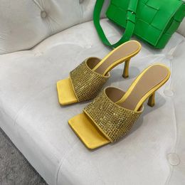 New rhinestones Mule slides sandals Square toe heels slip on stiletto heeled open toe shoes women's luxury designer evening shoes satin factory footwear