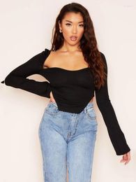 Women's T Shirts Habbris Fall Sexy Solid Ribbed Casual Shirt Outfit For Women 2023 Long Sleeve Crop Top Female Fashion Tee