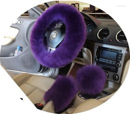Steering Wheel Covers Winter Warm Wool Handbrake Cover Gear Shift 38cm 14.96"x 14.96" 1 Set 3 Pcs Purple Gray Gold Brown