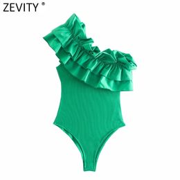 Women's Jumpsuits Rompers Zevity Women Sexy Pleat Ruffles Single Shoulder Green Asymmetric Slim Bodysuits Ladies Summer Chic Knitting Rompers LS9697 230505