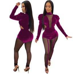 Women's Jumpsuits & Rompers Suede Lace Patchwork Hollow Out See Through Sexy Club Women High Waist Elastic Long Pencil