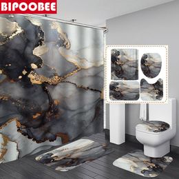 Curtains Ink Texture Luxury Abstract Stone Grain Shower Curtain Marble Bathroom Curtains Toilet Lid Cover and Bath Mats NonSlip Rugs Set