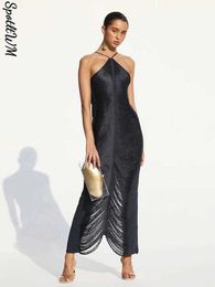 Casual Dresses 2022 Women Sexy Tassels Halter Maxi Dress Female O Neck Off Shoulder Split Dresses Summer Lady Streetwear Solid Party Club Dress Z0506