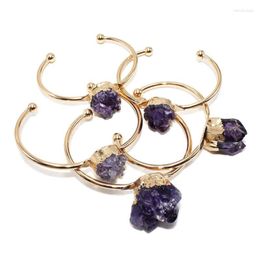 Bangle Adjustable Wide Womens Golden Cuff Genuine Amethysts Cluster Natural Healing Crystal Wrapped Gemstones Bracelet