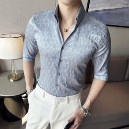 Men's Casual Shirts Luxury Half Sleeved V-Neck Floral For Men Korean Striped Flower Printed Slim Fit Male Tuxedo Shirt Nightclub Party Wear