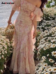 Casual Dresses Aotvotee Chiffon Dress for Women 2023 Fashion Fairycore Floral Spaghetti Strap Summer Dress Elegant Slash Neck Ruffle Midi Dress Z0506