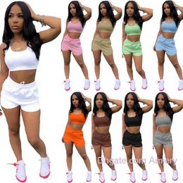 2023 Designer Women Sportwear Tracksuits Two Piece Yoga Pants Set Sexy Slim Crop Tank Top Biker Shorts Outfits For Summer Laides 2 Pcs Yoga Outfits