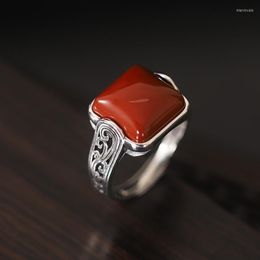 Cluster Rings JZ237 ZFSILVER Thai Silver S925 Fashion Trendy South Red Agate Hetian Jade Retro Spray Square Women Wedding Party Jewellery