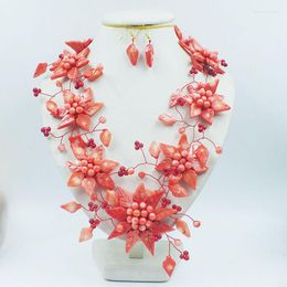 Necklace Earrings Set African Party Flower Earring Shell Beads Jewelry 24"