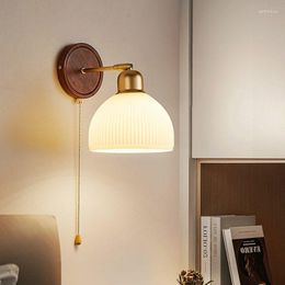 Wall Lamps Nordic Retro Bedroom Bedside Lamp Living Room Study Aisle Homestyle Art Deco Glass Light Zipper Switch Can Rotate 360°