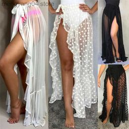 Skirts Sexy Women Mesh Sheer Beach Bikini Cover Ups Vacation Sunscreen Wrap Skirt 2020 New RufflesDot High Waist Split Bikini Cover Up T230506