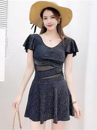 Women's Swimwear South Korea Star Swimsuit Women Short Petal Sleeve Sexy Lace Chest Pad One-piece Swimsuits Vibrato A Line Dress