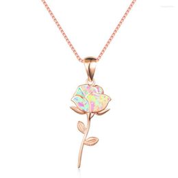 Chains Lovely Gold-Plated Rose Flower Pink Fire Opal Pendant Necklace For Gift