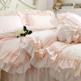 Bedding Sets Pink Princess Luxury Cotton Solid Color Double Ruffle Lace Bedroom Duvet Cover Bed Skirt Bedspread Pillowcases