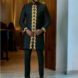 Men's Tracksuits Men's Suit Top Trousers 2-piece Set Solid Colour Round Neck Embroidery Long Sleeve Suit Wedding African Ethnic Style 230506