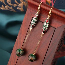 Dangle Earrings 2023 Summer Green Tassels Vintage Cloisonne Delicate Drop Ethnic Chinese Style Jewellery For Women's