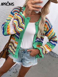 Women's Knits Tees Aproms Elegant Rainbow Colored Long Sleeve Knit Cardigan Women Autumn Hollow Out Oversized Sweater Female Fashion Outerwear 230506