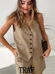 Women s Two Piece Pants TRAF 2023 Summer 2 Pieces Set Fashion Linen Blend Slim Fit Sleeveless Suit Vest High Waists Shorts Causal 230506