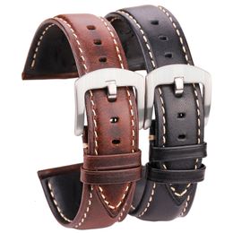 Watch Bands Oil Wax Cowhide Band Strap Women Men Black Brown Smooth Genuine Leather band 18 19 20 21 22 24mm Belt 230506