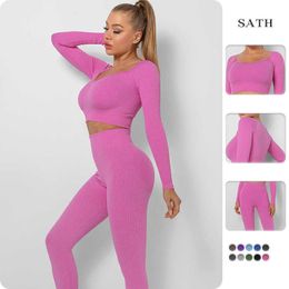Women's Tracksuits Seamless Two-piece Yoga Sets Workout Sportswear Gym Long Sleeve Anti-Shrink High Waist Tracksuits Hip Pants Leggings Sport Suits P230506