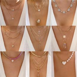 Pendant Necklaces Vintage Fashion Artificial Pearl Chain Crystal Heart-shaped Cross Necklace For Women Female Multilevel Punk Jewelry