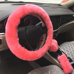 Steering Wheel Covers 3pcs/set Universal Winter Warm Fluffy Wool Car Set Hand Brake Cover Gear Shift Interior For 38cm