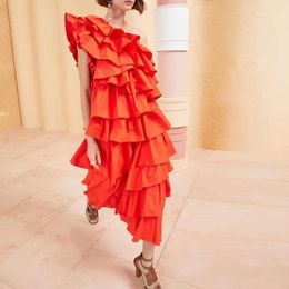 Casual Dresses 2023 Multi-layer Ruffle Women Midi Dress Oblique Shoulder Temperament Lady