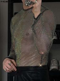 Men's T-Shirts Party Nightclub Style Tops INCERUN Men Glitter Mesh See-through Camiseta Sexy Male All-match Long Sleeve Thin T-shirts S-5XL 230506