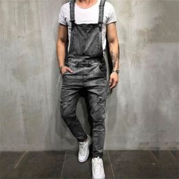 Men's Jeans Men Skinny Distressed Knee Ripped Biker Denim Bib Overalls Jumpsuits For Man Hi Street Suspender Stretch Pants